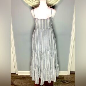 Women’s Mustard Seed Tied Back Dress Blue White Stripe Tiered Size Small